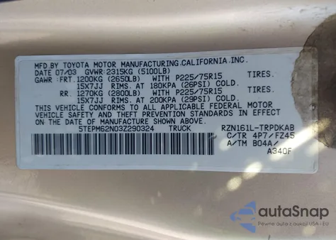 2003 Toyota Tacoma z USA, uszkodzony, nr VIN 5TEPM62N03Z290324